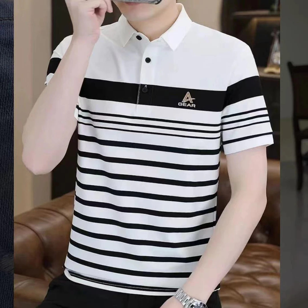 夏季男士男款新品休闲潮流刺绣标衣服男士半袖条纹短袖poloT恤