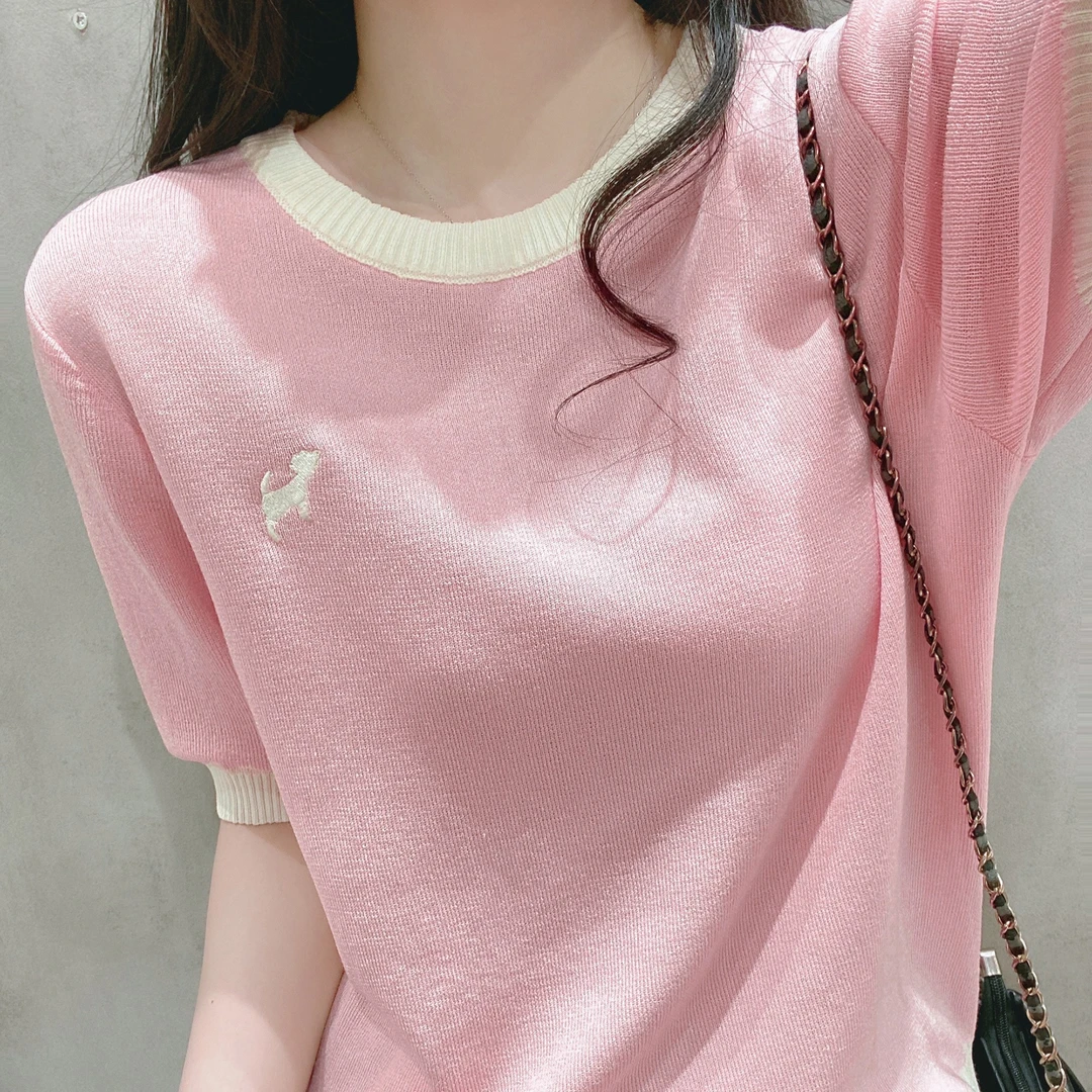 刺绣短袖T恤女装夏装冰丝针织打底衫半袖2024年新款圆领短款上衣