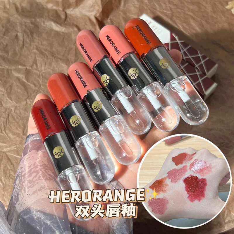 凝雾漫唇哑光唇釉双头口红雨衣滋润水光奶茶色镜面唇彩
