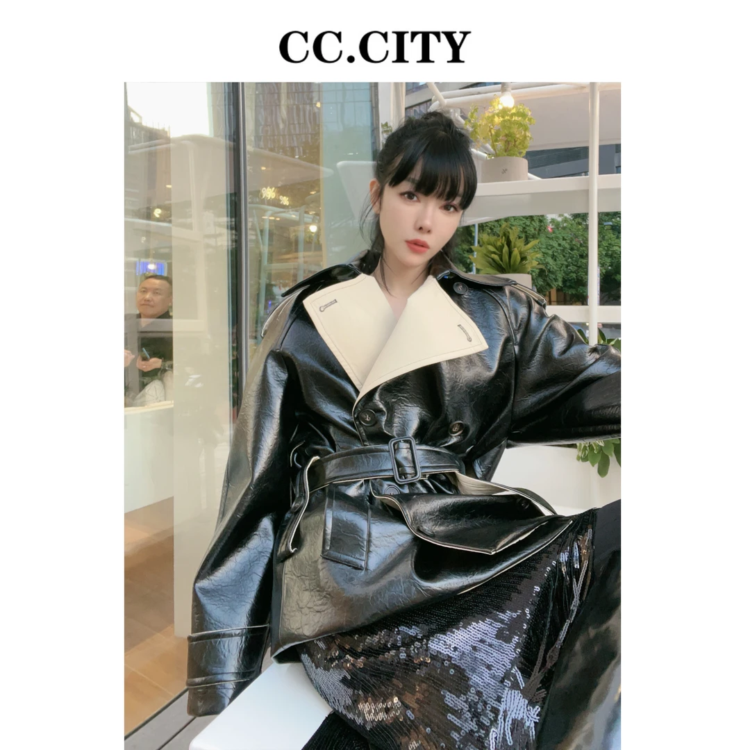 【蔡丽丽 & 添羽 】时尚洋气个性百搭pu风衣外套6x510
