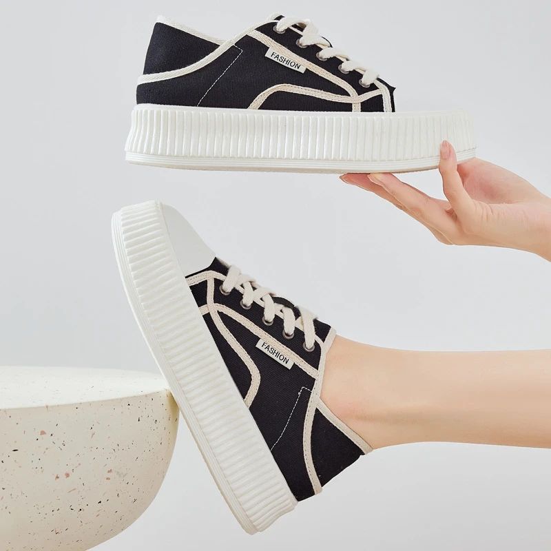 小码31-34帆布鞋女厚底内增高小香风轻便舒适百搭饼干鞋大码41-43