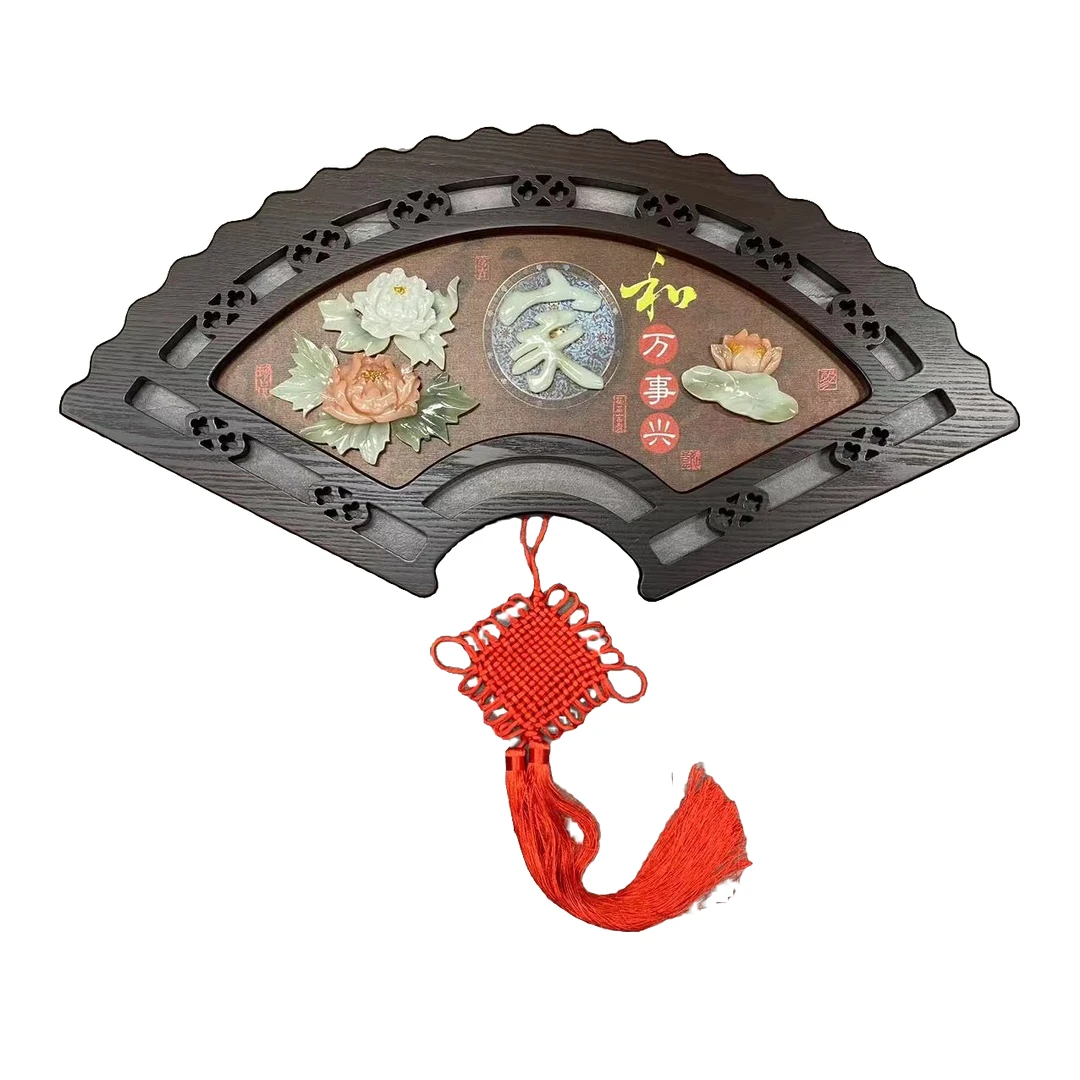 (S)80*40家和万事兴扇形(2210)花边双框玉雕画天然玉石滑石玉雕画