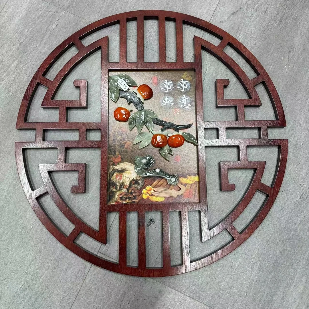 80*80尺寸事事如意(2285)寿字框圆形玉雕画天然玉石滑石玉装饰画