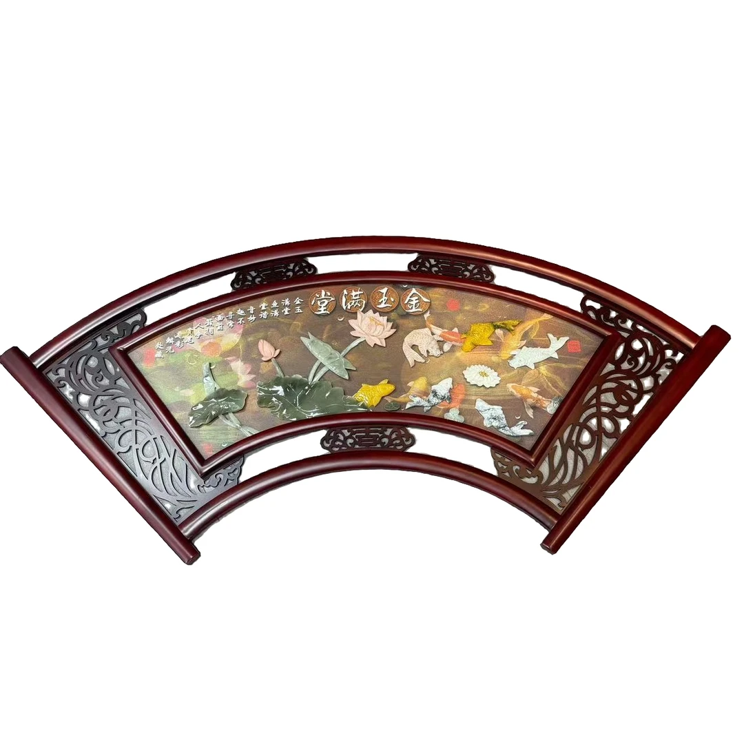 71*152金玉满堂扇形(2260)实木双框玉雕画天然玉石滑石玉装饰画