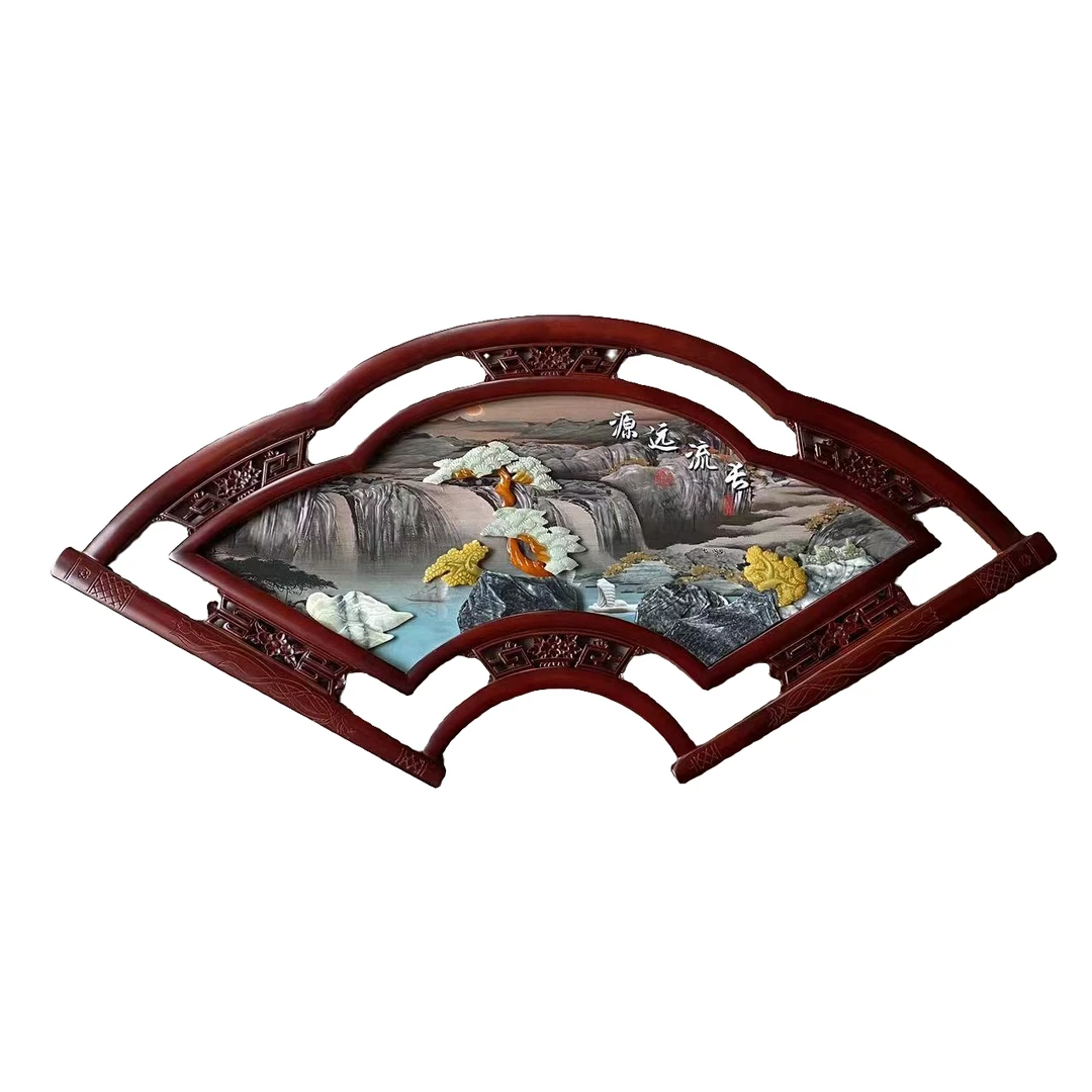 60*120源远流长扇形(0074)实木双框玉雕画天然玉石中式装饰画实物