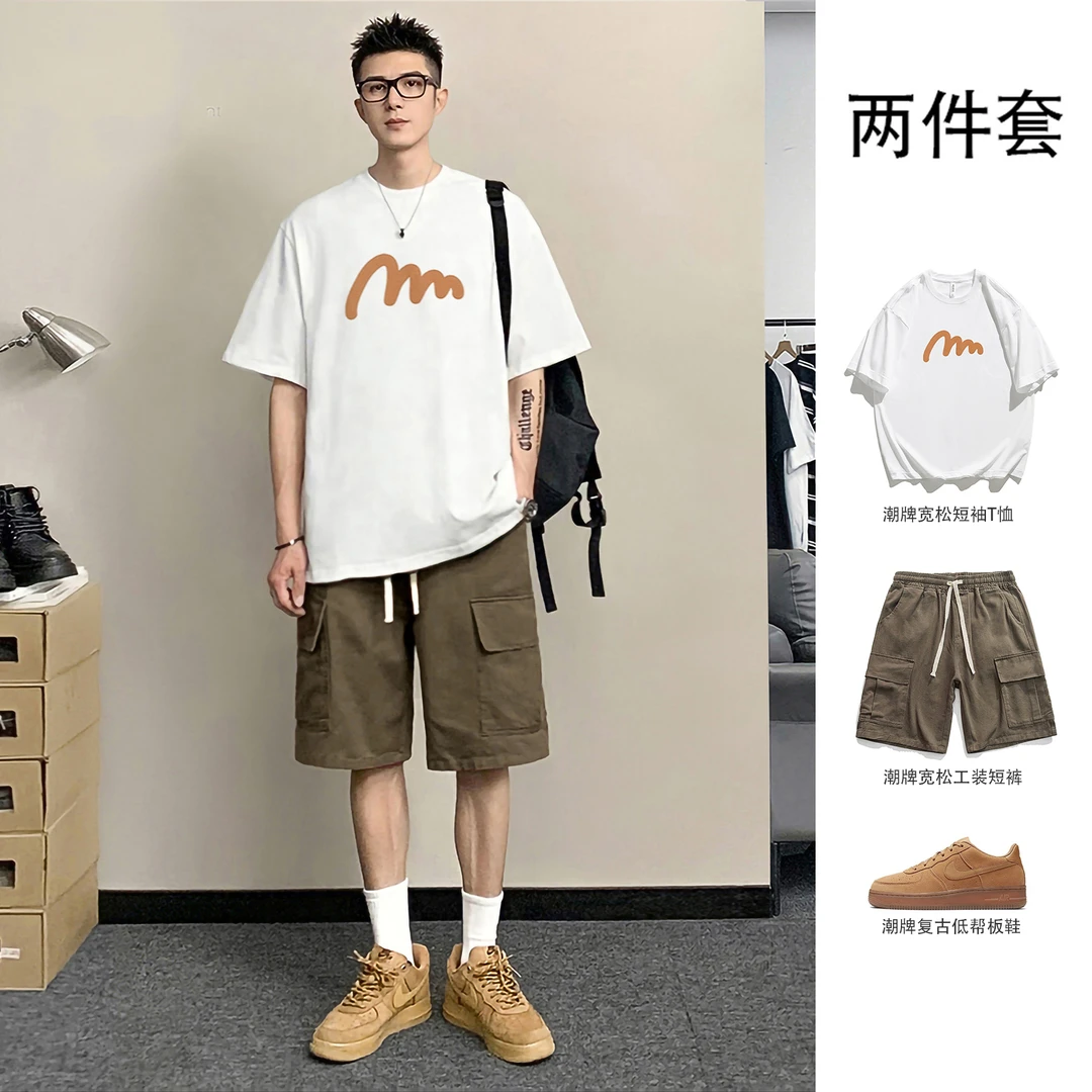 男装穿搭一整套日系简约印花纯棉短袖T恤男宽松百搭工装短裤套装