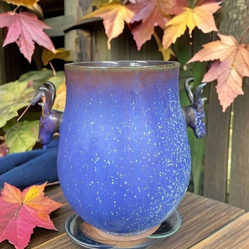 鹿头尊主人杯陶瓷钧瓷高24.窑变傲雪金斑茶杯瓷杯茶具蓝色