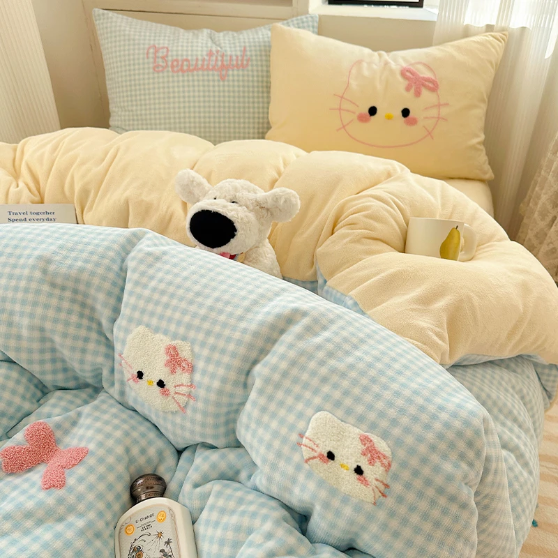 毛巾绣牛奶绒四件套冬季加厚珊瑚绒被套床单人保暖宿舍床品三件套