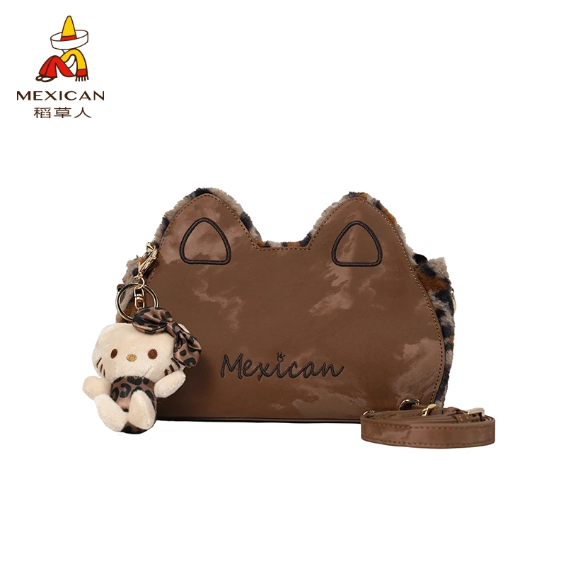 稻草人24秋冬季毛绒异形豹纹猫耳朵可爱斜挎包包软乎乎
