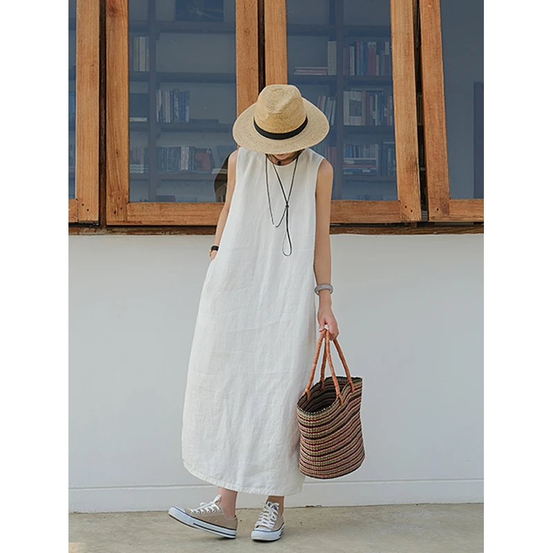 麻霖女装春夏新品高品质汉麻时尚清凉无袖茧型套头长款连衣裙