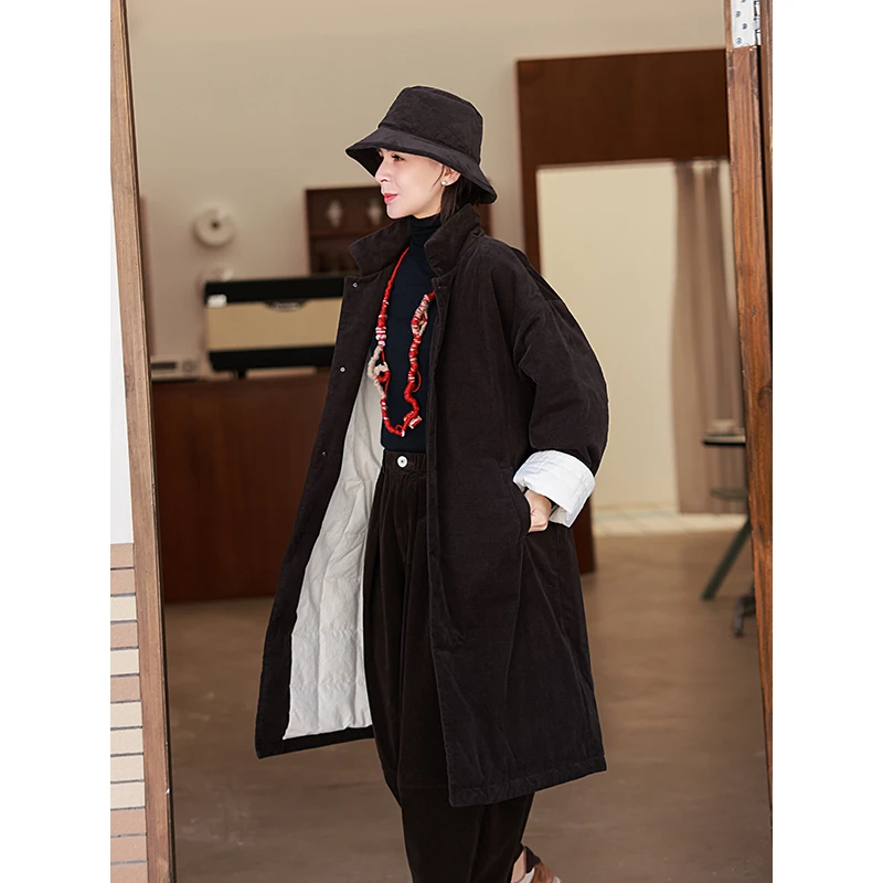 麻霖美国进口匹马棉超细灯芯绒坑条肌理感3M新雪丽加厚长款棉衣