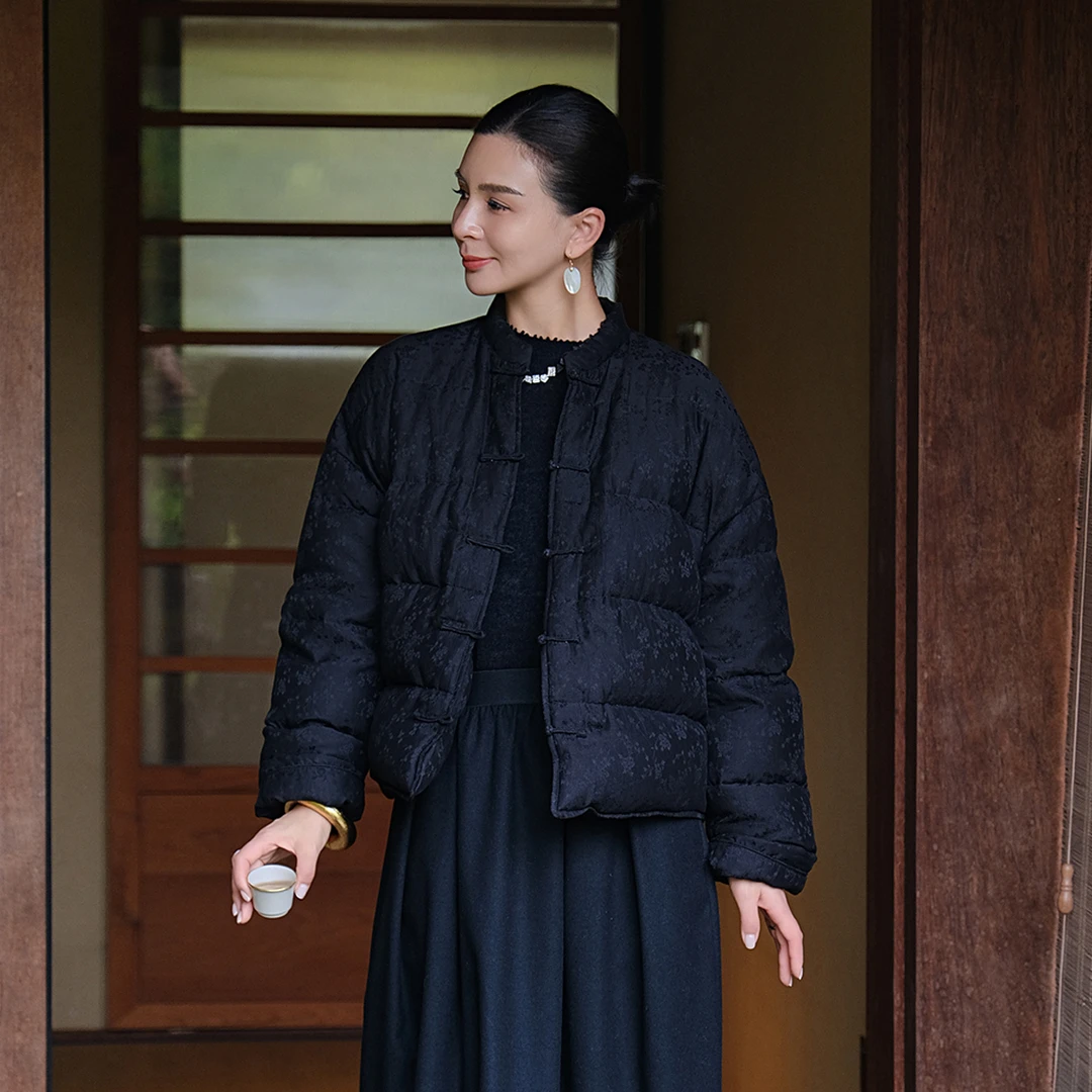 麻霖16姆米桑蚕丝棉红云纱提花肌理90白鹅绒新中式保暖显瘦羽绒服