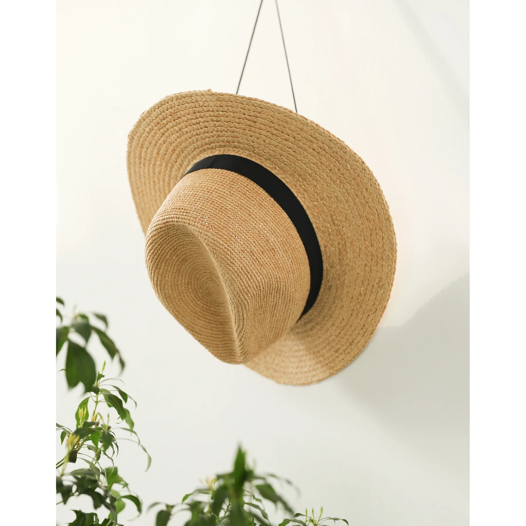 麻霖拉菲草拼接编织植物素纤维百搭系带刺绣礼帽草帽遮阳帽