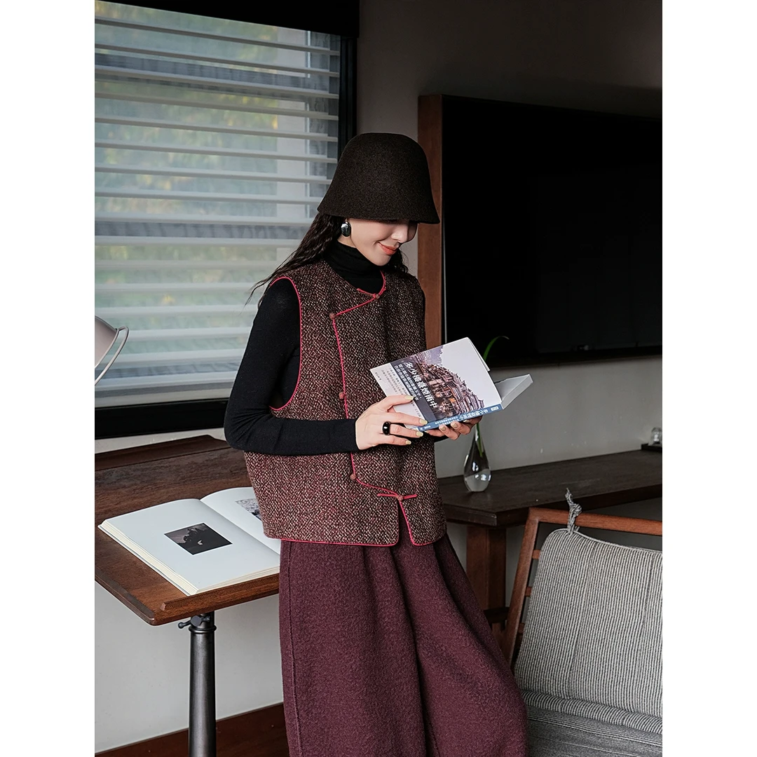 麻霖冬新品进口绵羊毛混纺花纱色织圆领新中式文艺复古夹棉马甲