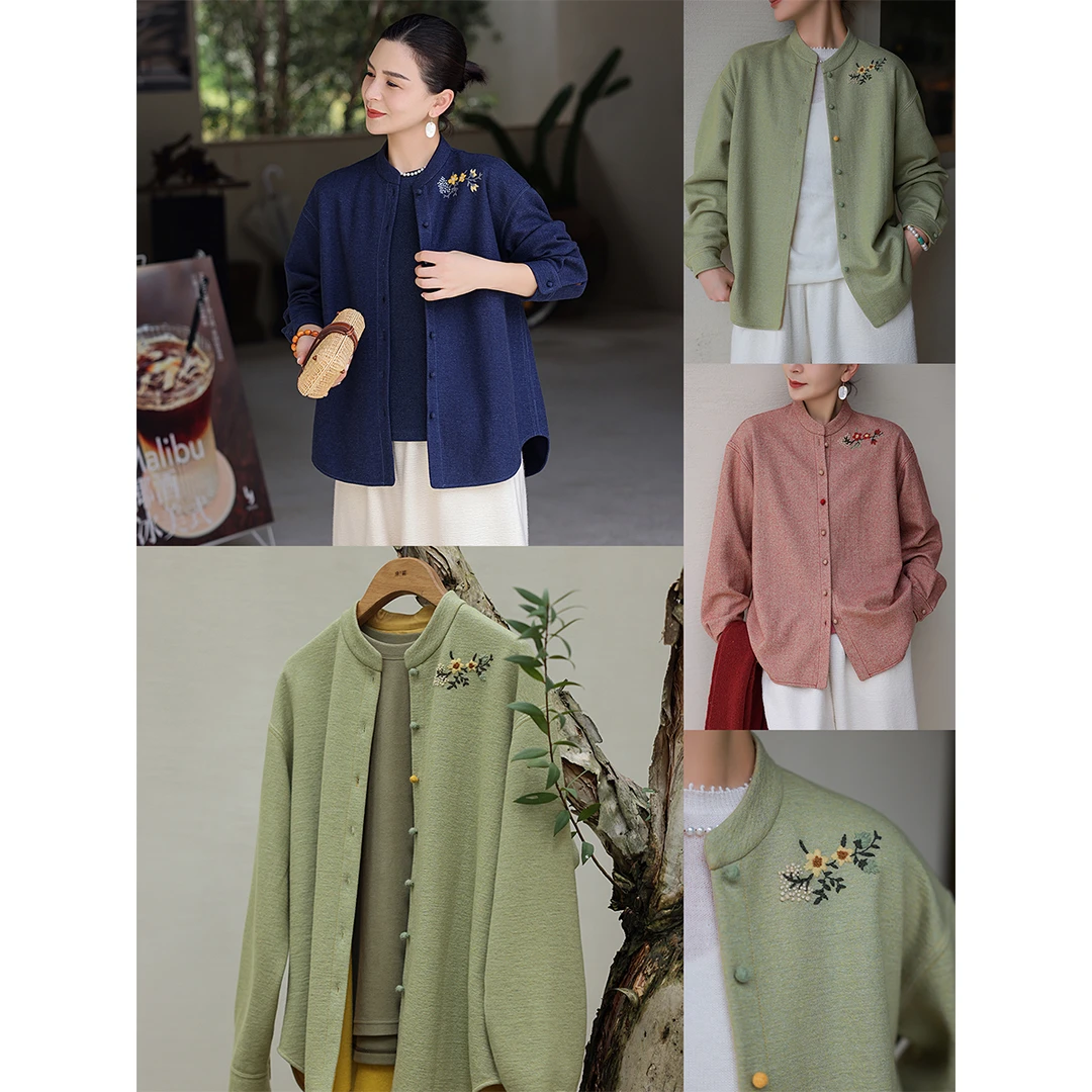 麻霖原创设计双面双色手工刺绣撞色文艺休闲衬衫小开衫
