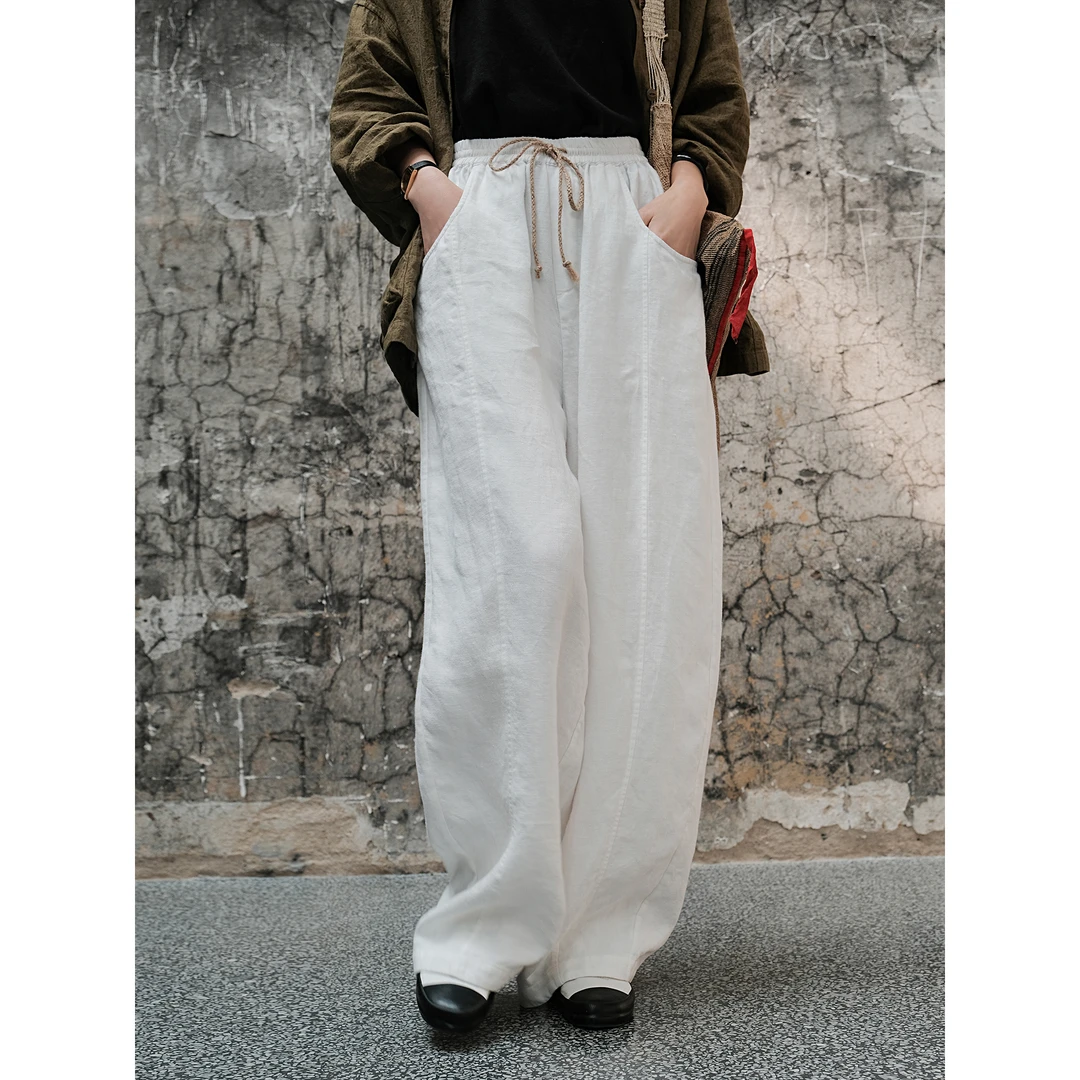 麻霖原创设计三季可穿斜纹100%汉麻布显瘦清凉松弛感拖地裤