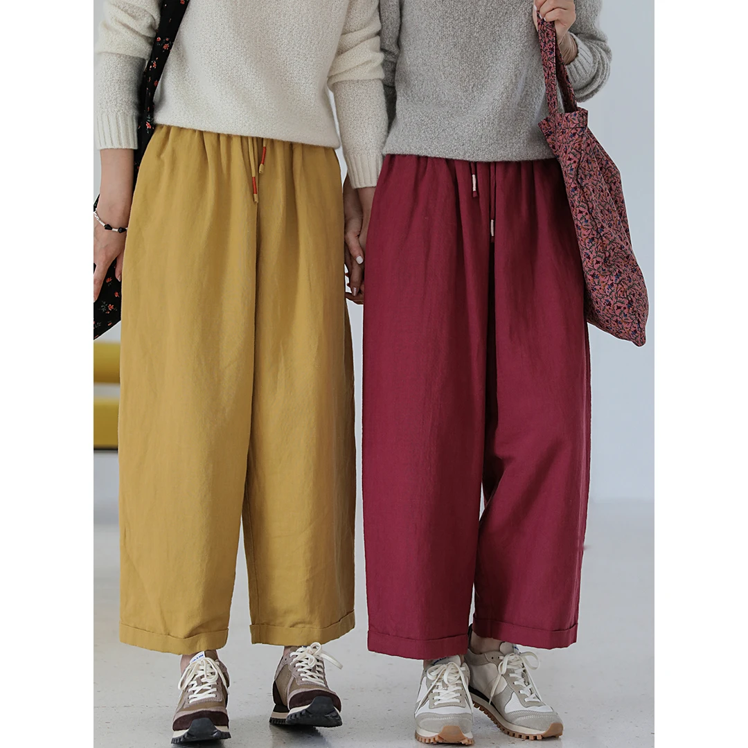 麻霖原创设计苎麻棉混纺柔软轻盈夹棉松紧腰文艺百搭休闲棉裤