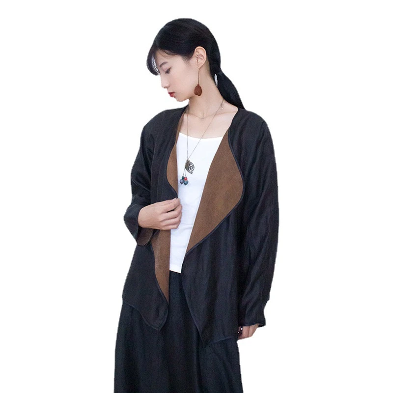 陌上手作桑蚕丝黑龟纹双面可穿时尚短上衣 香云纱黑龟纹外搭