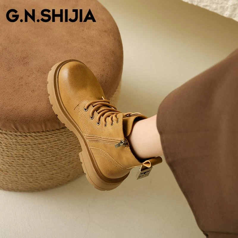 公牛世家户外马丁靴女2024秋冬季新款加绒短靴复古英伦厚底大黄靴