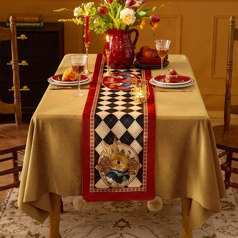 萌兔赐福餐桌桌旗复古床旗红色轻奢电视柜边柜长条装饰布时尚图案