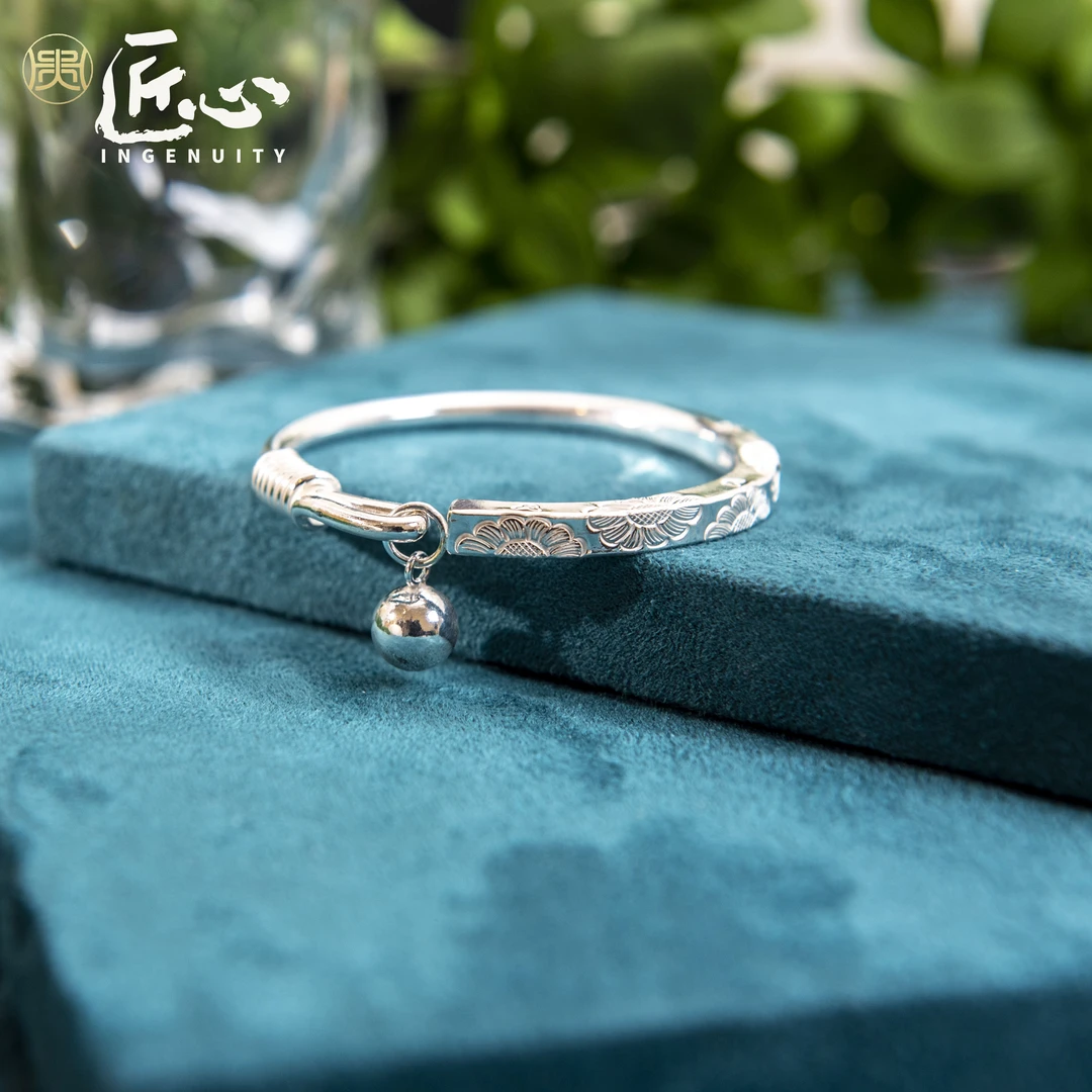 贵人匠心 足银手镯 【秋蕊】纯手工 时尚古风实心可调节开口镯子