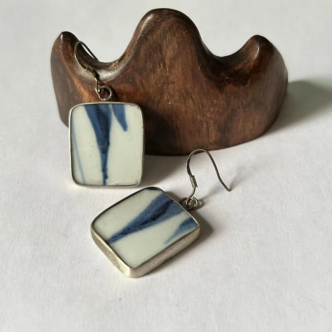 925银陶瓷耳饰 【限量款】925银花丝衬树叶纹青花瓷国潮复古风耳环