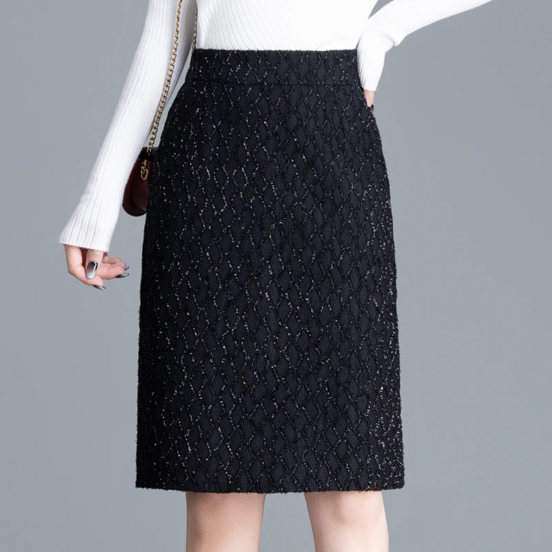 黑色包臀短裙半身裙女高腰2025秋冬新款小香风亮丝格子包裙一步裙