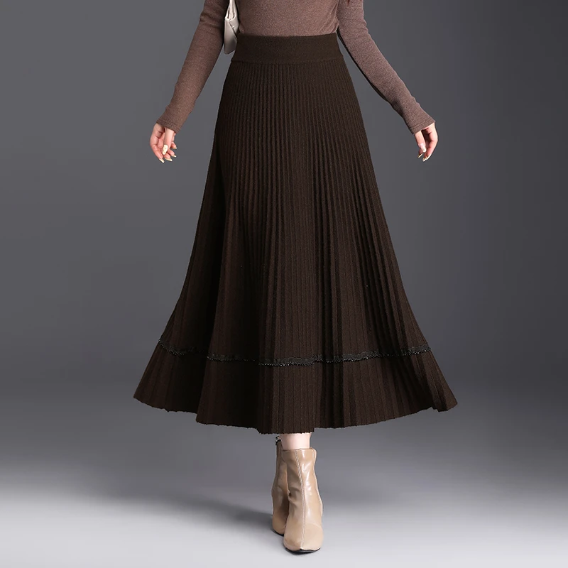 毛线裙女2024秋冬季新款高腰显瘦大摆时尚a字半身长裙百褶裙加厚