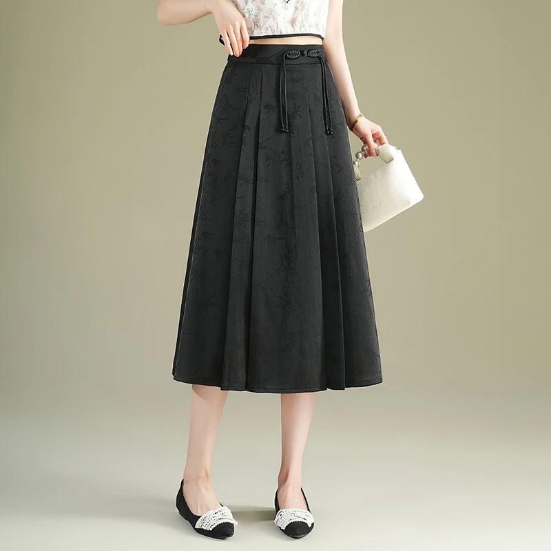提花新中式半身裙女2024夏季新薄款高腰a字裙中长款小个子百褶裙