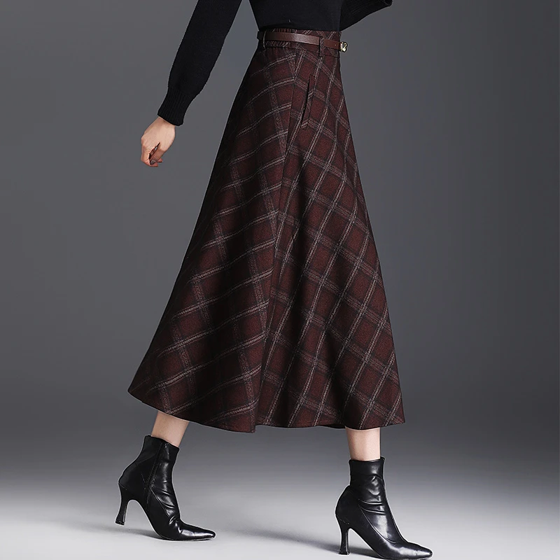 2025秋冬季新款高腰显瘦复古格纹a字裙大摆长裙百褶裙毛呢半身裙