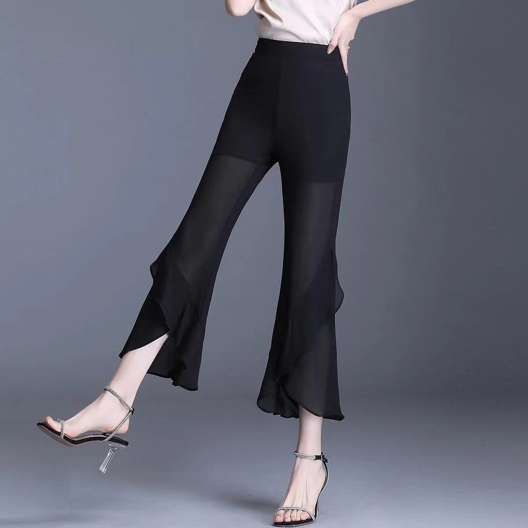 时尚女小个子裤子2025夏季新款九分雪纺裤薄款喇叭裤显瘦微喇裤