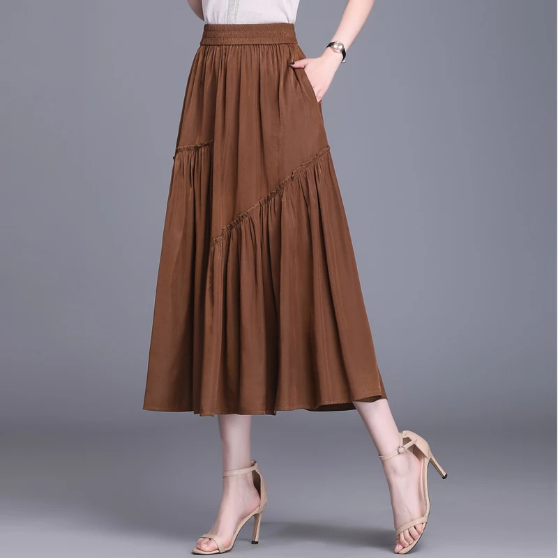 松紧腰垂感花边半身裙女2025春夏遮胯显瘦a字中长款百搭大摆裙秋