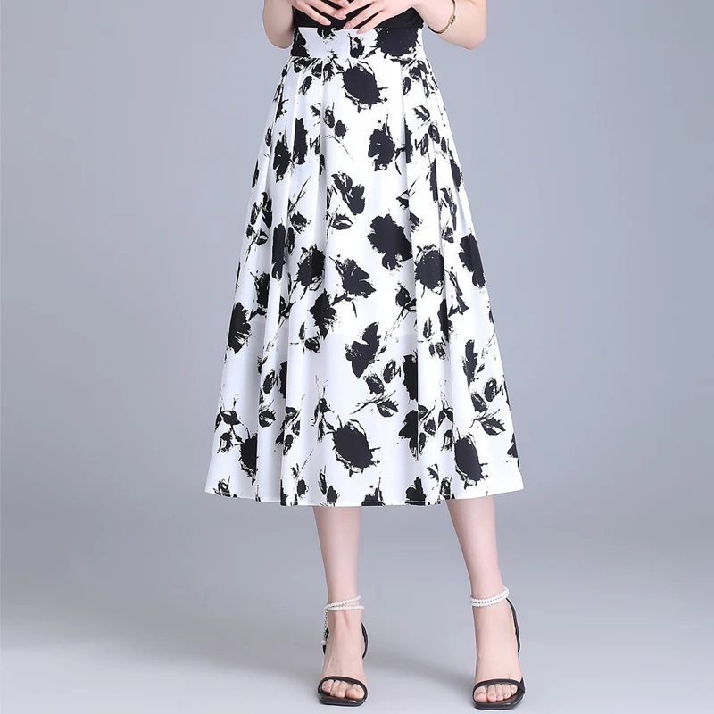 印花雪纺裙显瘦a字半身裙女中长款2025年夏季时尚减龄高腰百褶裙