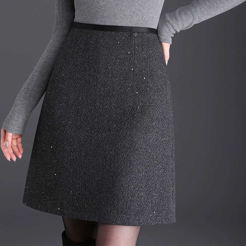 显瘦半身短裙a字裙女秋冬2025年加厚星空亮片毛呢短款裙子一步裙