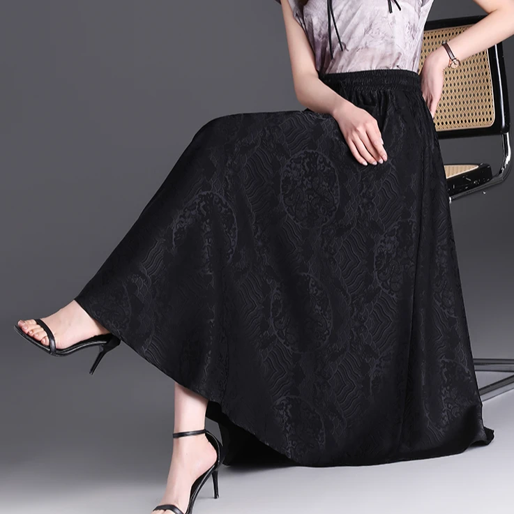春夏新款黑色宽松提花大摆a字裙高腰新中式百褶长裙松紧腰半身裙