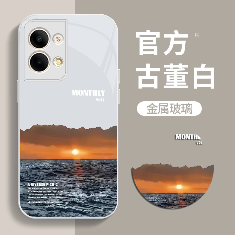 适用于OPPO Reno9海上风景日落ins风全包钢化玻璃耐脏手机壳