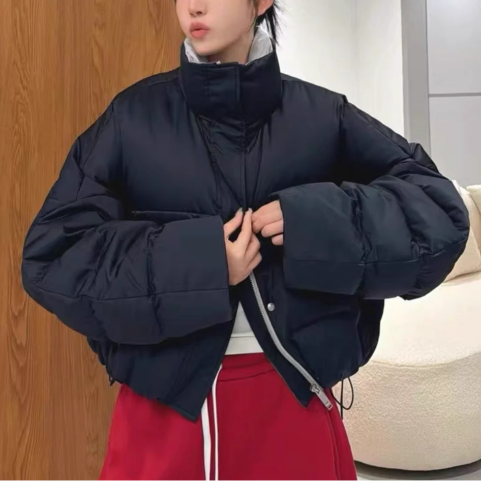冬季新款时尚立领撞色短款时髦感蓬松羽绒服外套