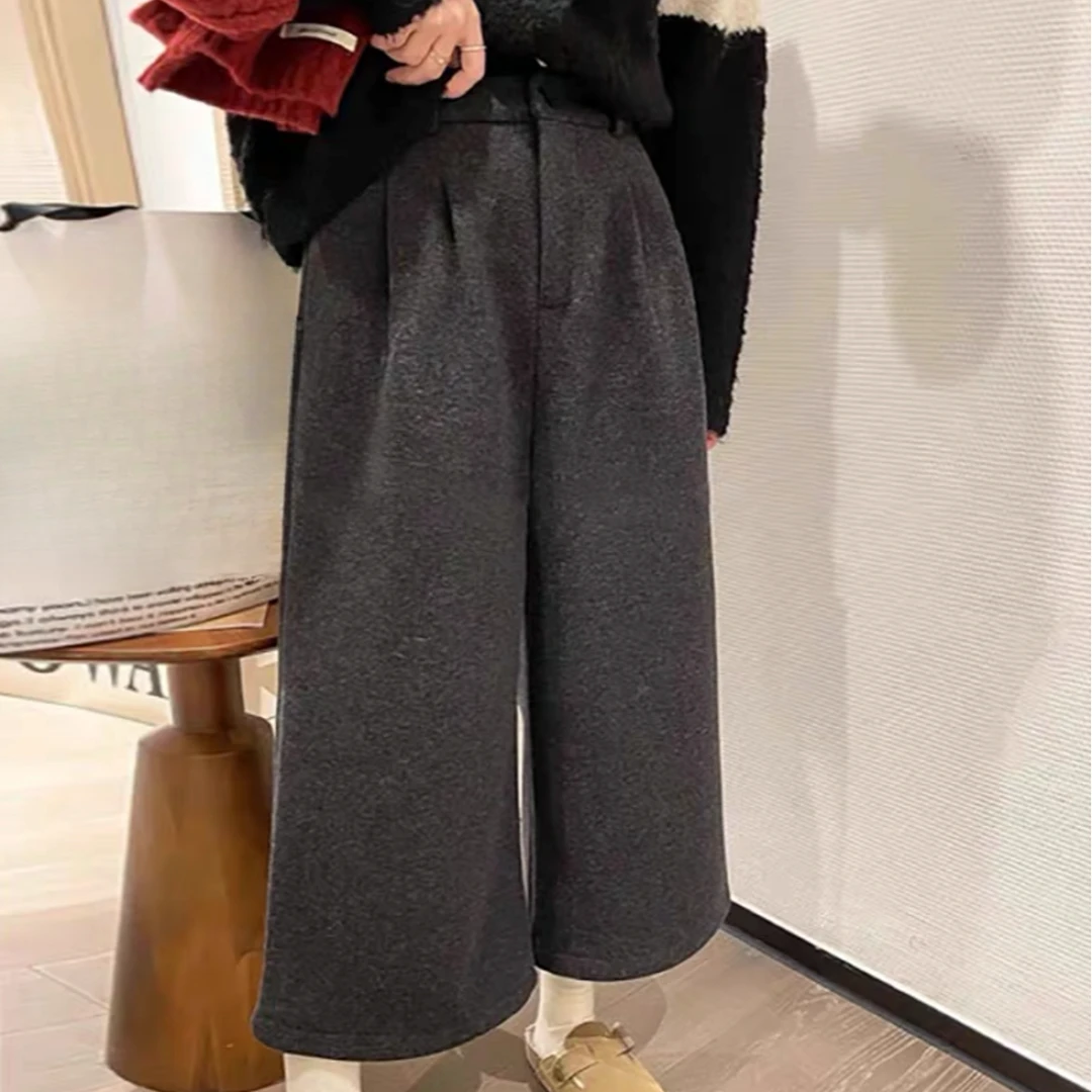 8315#秋冬新款毛呢阔腿裤高腰显瘦休闲七分裤加厚