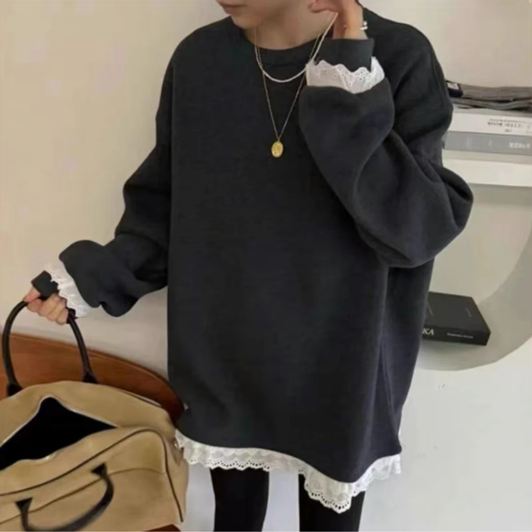 9078#冬季新品下摆拼接蕾丝花边宽松显瘦百搭上衣大版卫衣