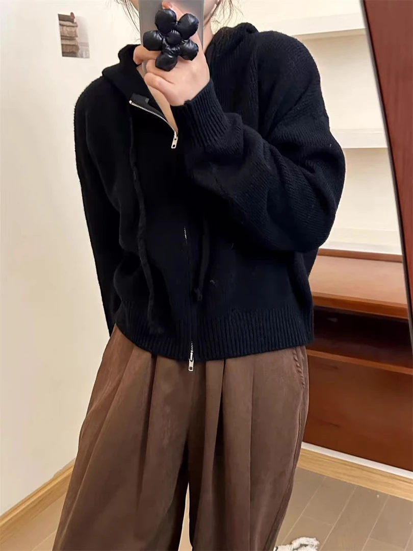 6110#冬季带帽胸口双拉链显瘦针织开衫毛衣