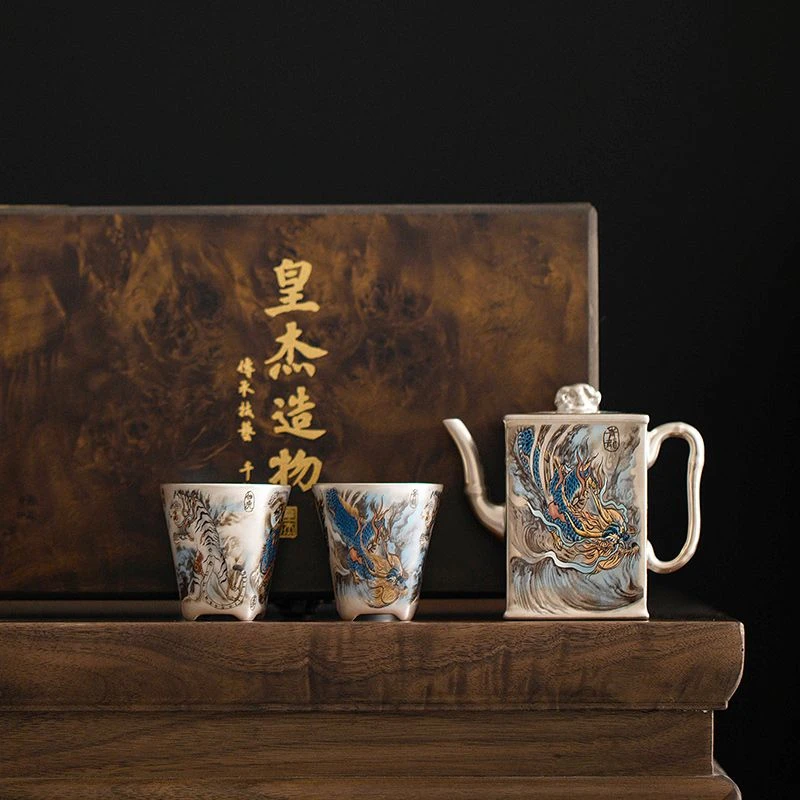 周鸿杰四方神兽鎏银壶四方壶二杯家用陶瓷功夫茶具泡茶壶茶杯套装