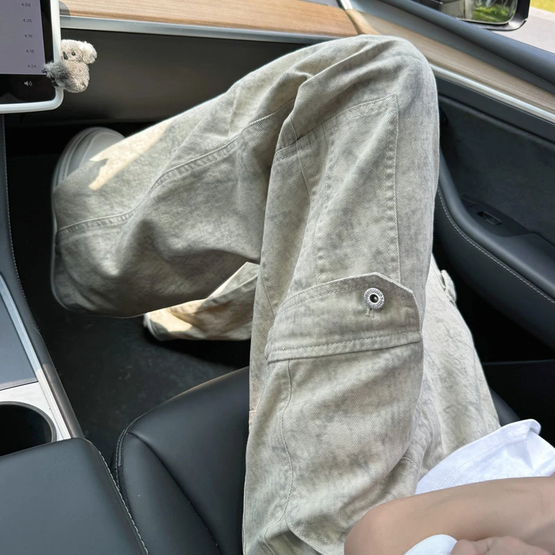 美式复古大理石暗纹口袋直筒阔腿工装裤vintage潮牌休闲伞兵裤子