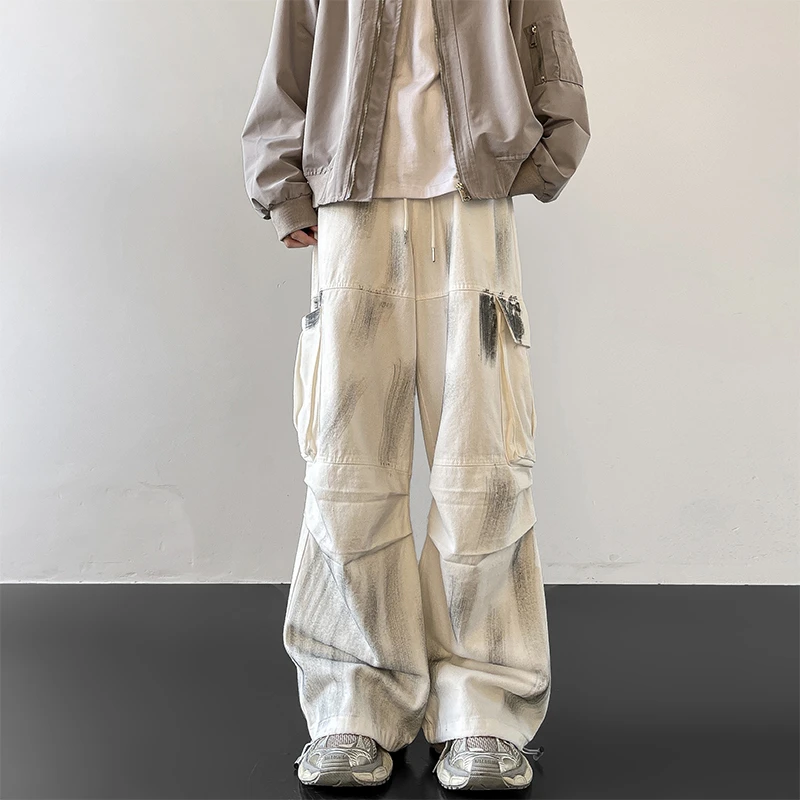 泼墨扎染宽松休闲裤男秋季做旧复古阔腿裤潮牌高街裤子男款夏季