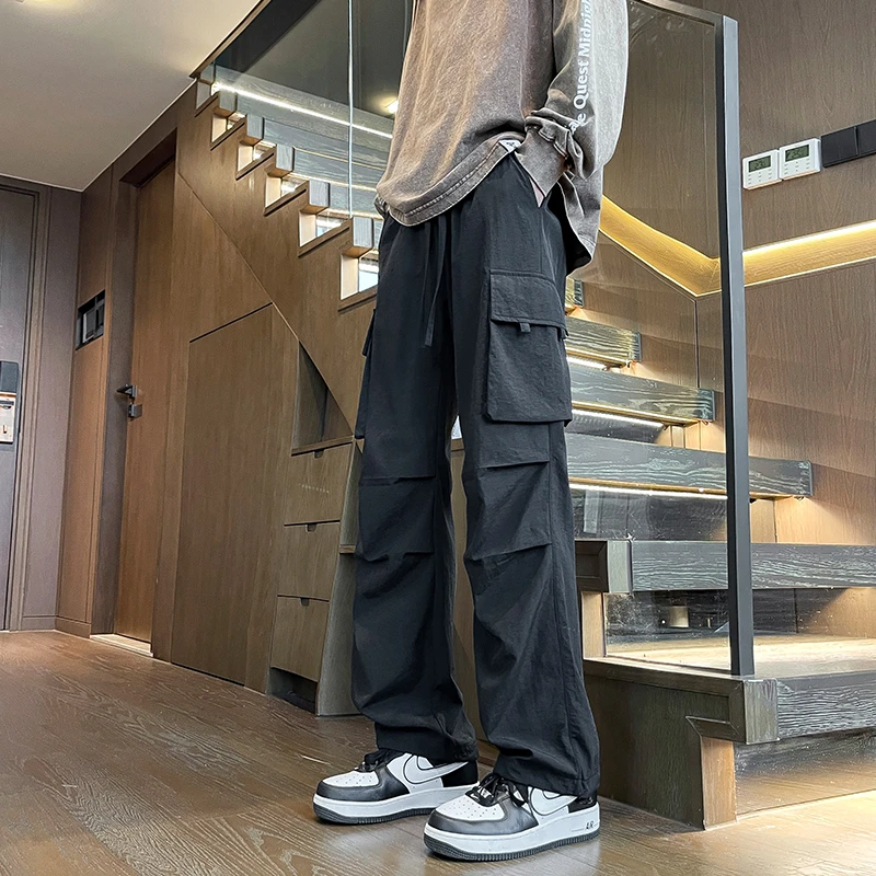 2024新款多口袋工装裤男初秋潮牌褶皱伞兵裤美式高街宽松休闲裤子