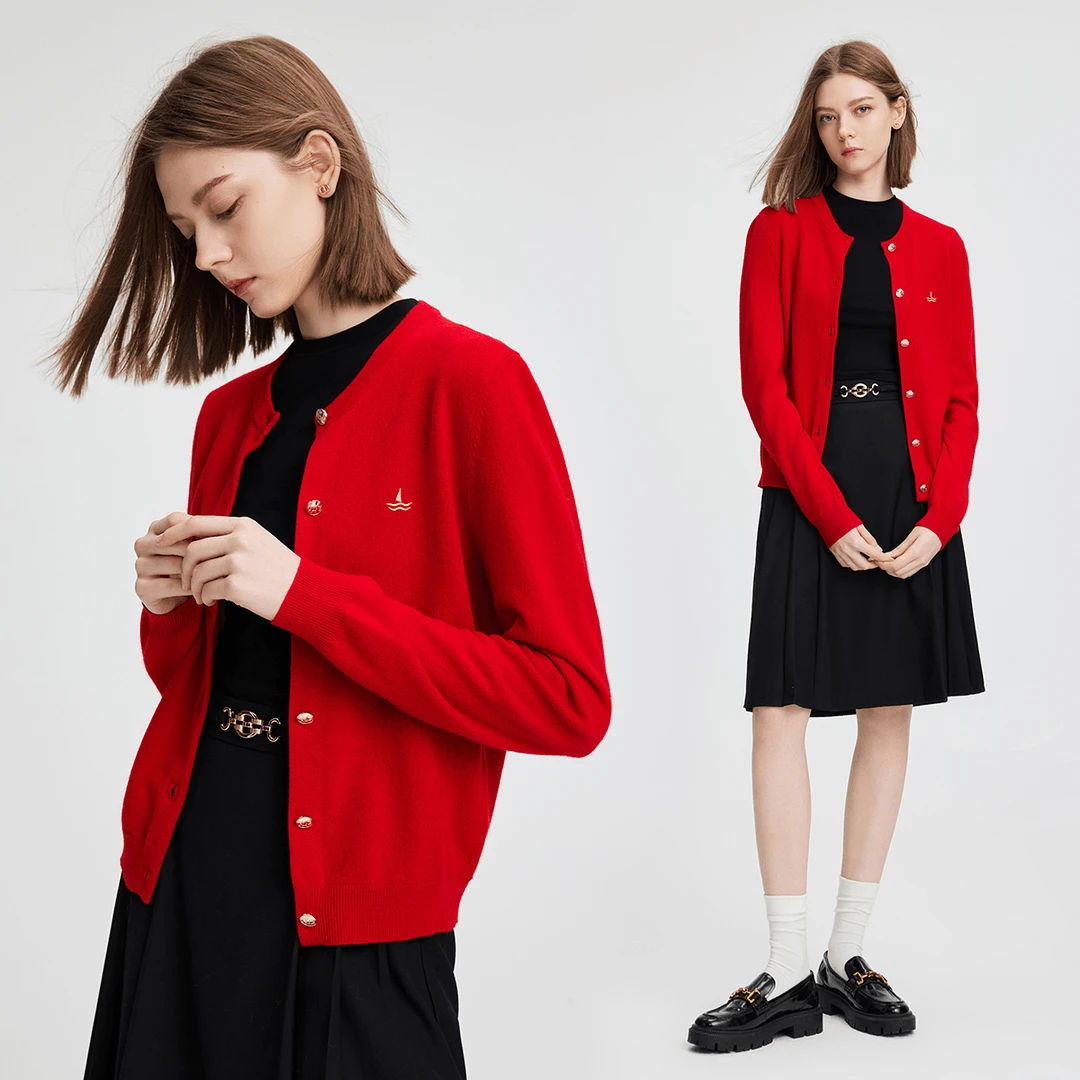 navigare意大利小帆船秋冬圆领短款针织开衫女士软糯叠穿毛衣