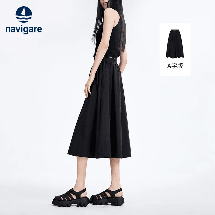 navigare意大利小帆船春夏女士半身裙灵动有层次经典赫本风小黑裙