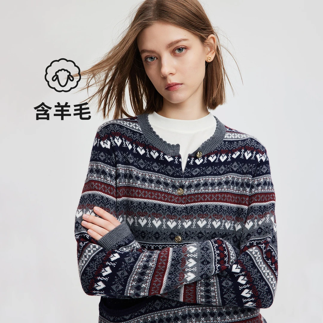 navigare意大利小帆船费尔岛女士秋冬针织开衫复古花纹宽松百搭