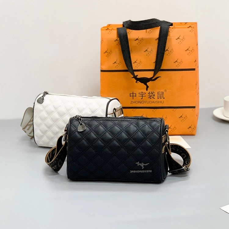 【中宇袋鼠】单肩包格纹小香风白色潮流菱格6602百搭休闲网红时尚