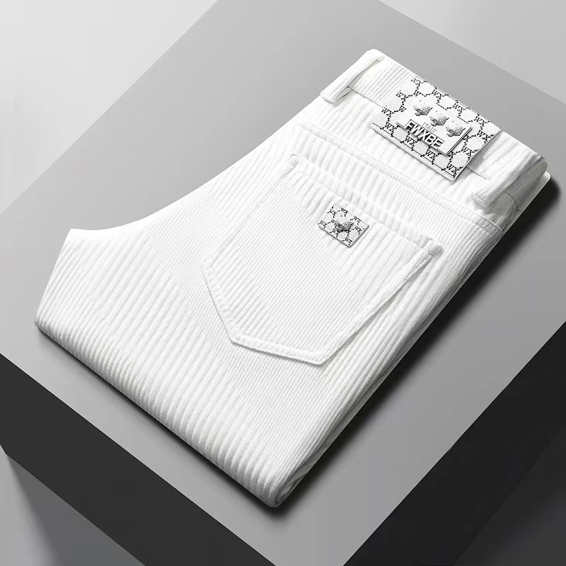 冬季薄款男裤时尚百搭直筒冬季男裤休闲裤白色加绒男提花休闲裤