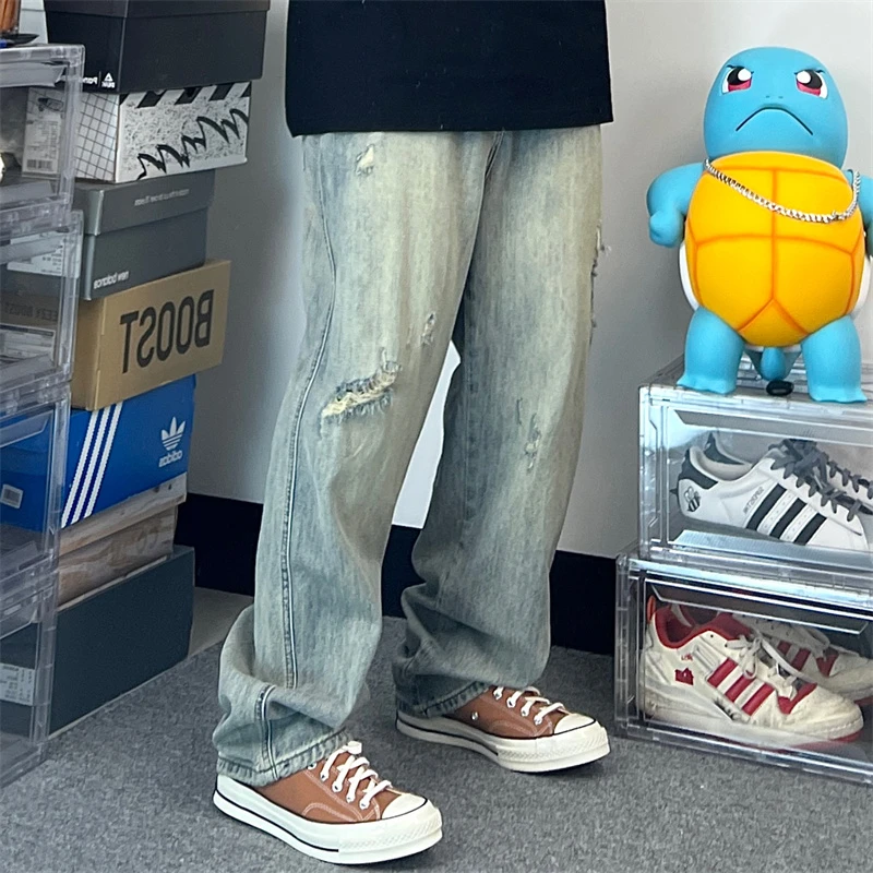 斌斌不冰微胖大码男装美式高街立体剪裁复古洗水划痕ins潮牛仔裤